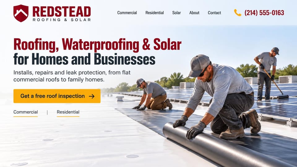 Roofing website design, roofing, waterproofing and solar on a bright flat roof: white page, a condensed dark red and charcoal headline, a yellow inspection button, workers in gray caps unrolling dark membrane beside rows of solar panels