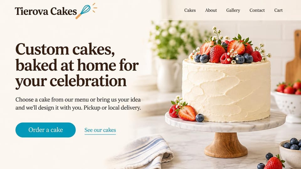 Bakery website design, home cake baker with custom orders: cream page, a whisk logo, a heavy dark brown serif headline, a teal order pill and a frosted white cake topped with berries on a marble stand