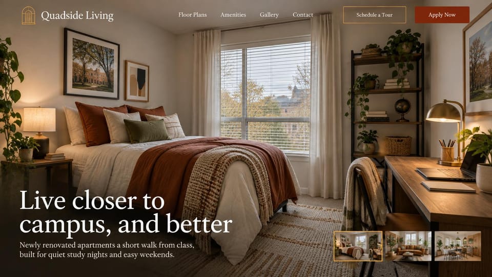 Apartment website design, student housing near campus: warm bedroom with a rust bedspread, a desk and a lamp, white serif headline at the bottom left, three photo thumbnails, rust apply button