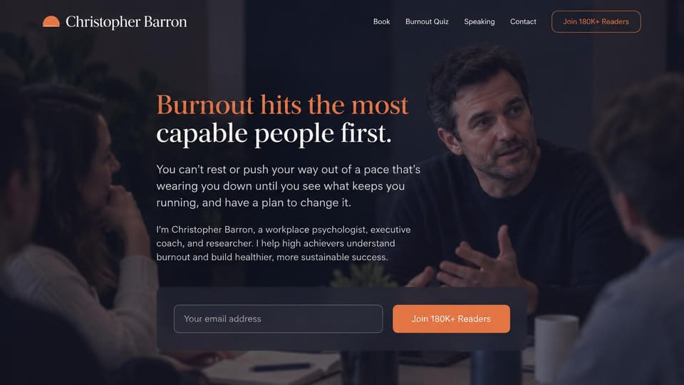 Therapist website design, psychologist with a newsletter first: dark navy photo of a man talking in a group, orange and white headline, an email field and orange button