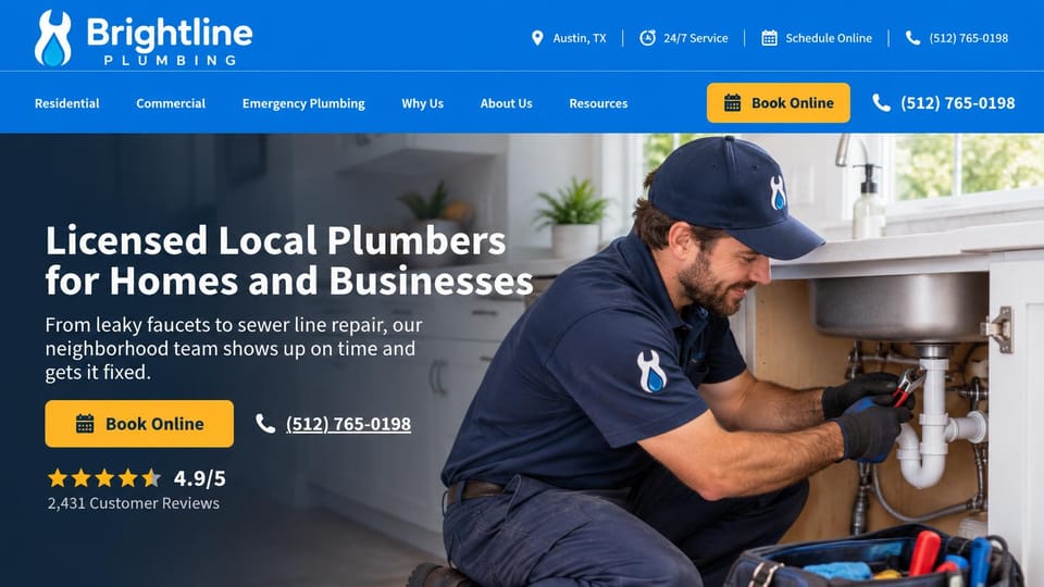 Contractor website design, plumbing for homes and businesses: blue header and yellow buttons, a white headline beside a plumber fixing a kitchen sink
