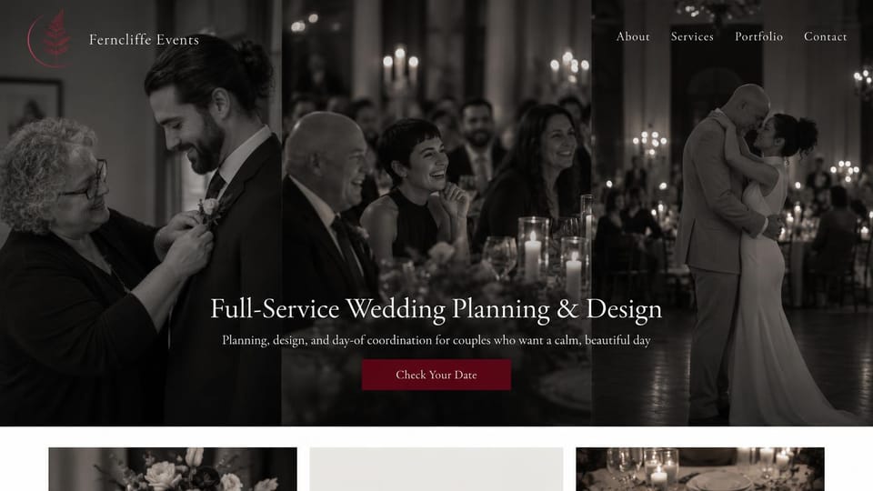 Wedding planner website design, planning and design in three black and white moments: three tall black and white photos of a boutonniere being pinned, laughing guests and a first dance, centered white serif headline, deep red date button