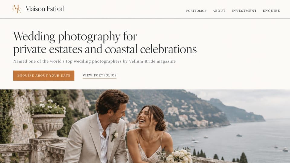 Wedding photographer website design, luxury estate and coastal wedding photographer: cream page, a large charcoal serif headline and a copper button, a couple laughing on a stone terrace above a coastal town