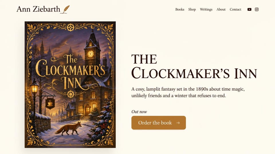 Author website design, cozy fantasy led by the cover art: cream page, an ornate gold-framed cover of a snowy inn, a brown serif title and an orange button