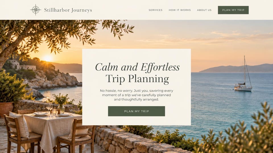 Travel agency website design, relaxed trip planning with a seaside dinner at sunset: cream header, a seaside terrace with a set table and a sailboat at sunset, a cream card with a dark serif headline and a green plan my trip button