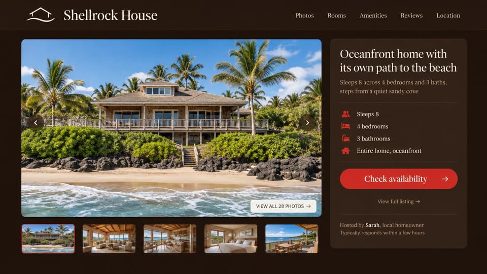 Vacation rental website design, oceanfront home with a photo gallery and facts card: dark brown page, a beach house above lava rocks and palms with five thumbnails below, a facts card with red icons and a red check availability button