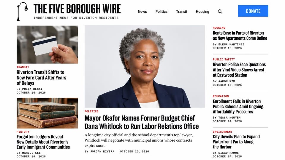 News and magazine website design, city news in three columns around a portrait: white page, street lamp logo, black condensed name over a typewriter tagline, a blue donate button, a portrait of a gray-haired official in the center, red section labels and typewriter bylines