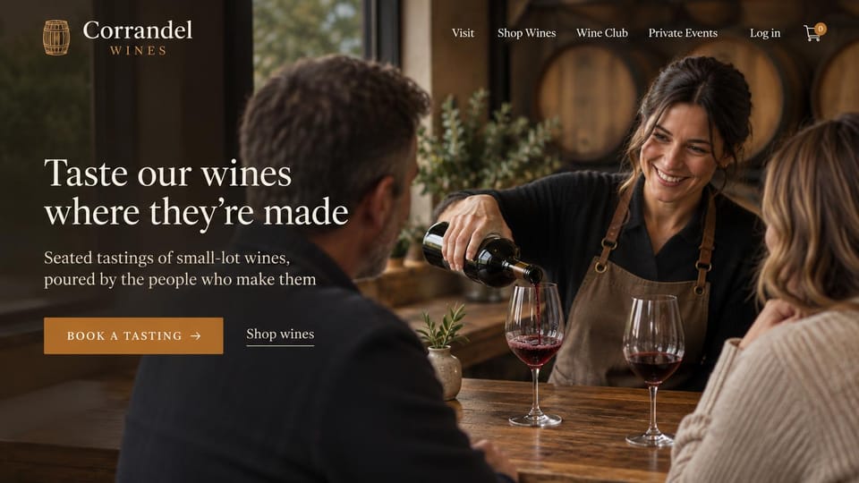 Winery and brewery website design, seated tastings in a warm barrel room: dark warm photo of a host pouring red wine for two guests by barrels, white serif headline, copper tasting button and a shop link
