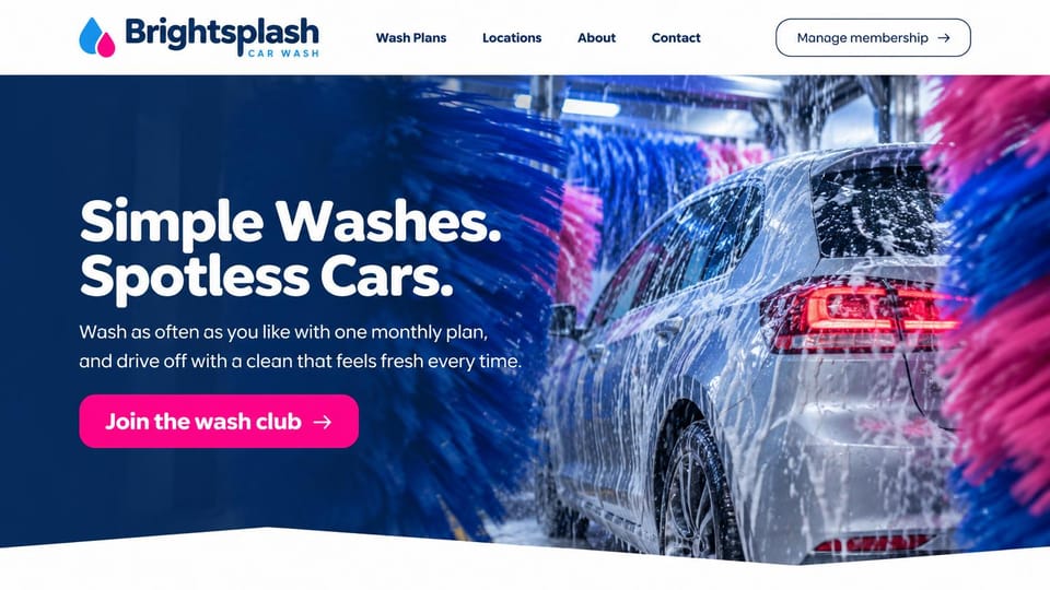 Car detailing website design, wash club in vivid pink and blue: white header, a navy overlay on a silver hatchback in a tunnel of blue and pink brushes, a pink club button