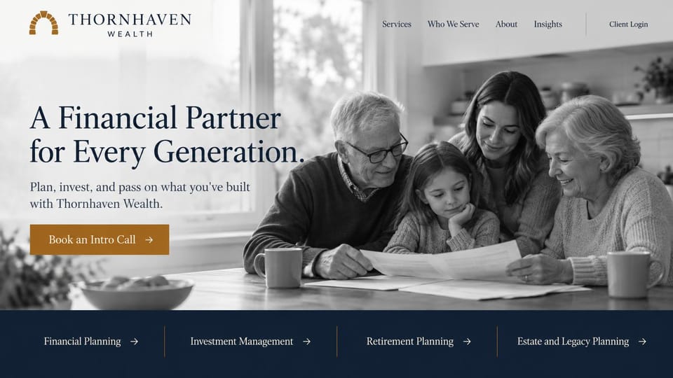 Financial advisor website design, three-generation planning in black and white: black and white photo of grandparents, a mother and a girl at a kitchen table, navy serif headline, copper button and navy service bar