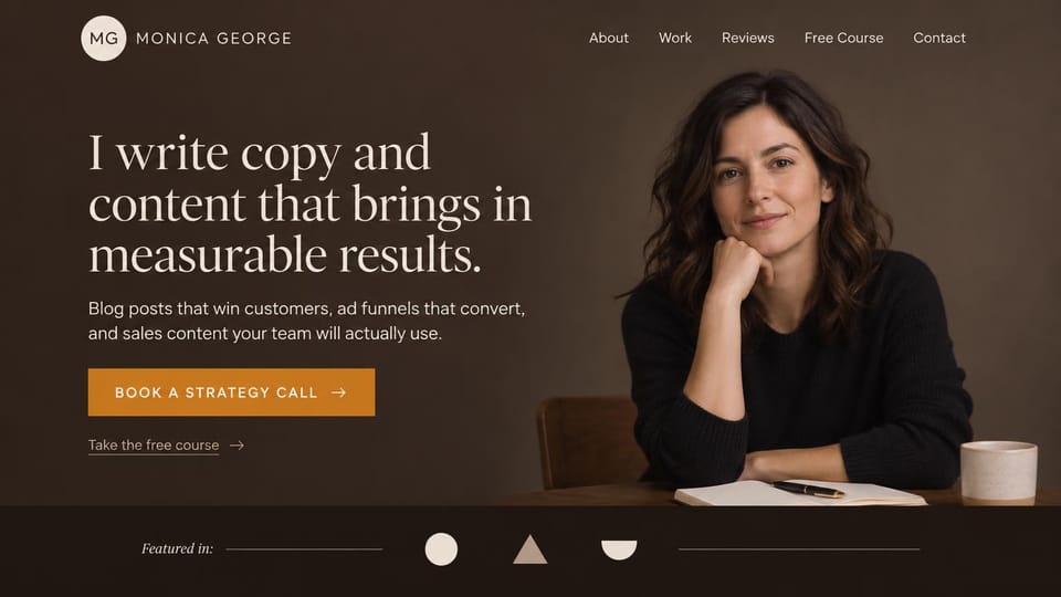 Marketing portfolio website design, copywriter with a free course: dark brown page, a cream serif headline, an orange button, a woman at a table and a row of simple shapes
