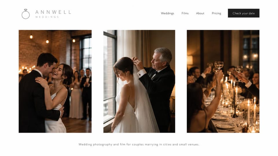 Wedding photographer website design, photo and film studio for city and small-venue weddings: white page with a ring logo and black button, three tall photos of a first dance, a father placing a veil and guests toasting by candlelight, a small caption below