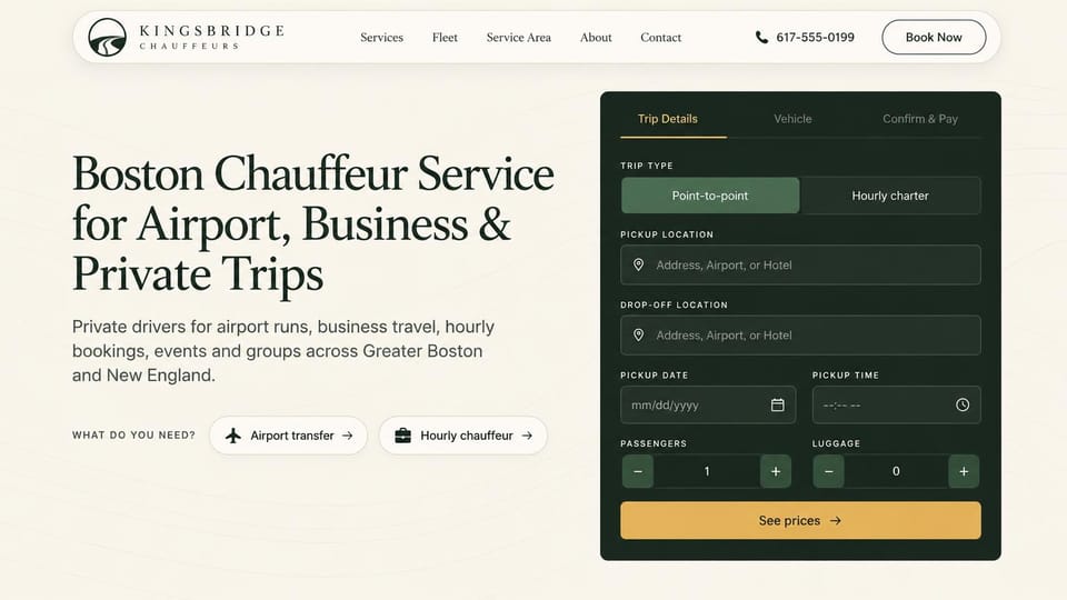 Car rental website design, chauffeur service with the trip form first: cream page, large dark serif headline, a dark green trip form with pickup, drop-off, passengers and luggage, gold see prices button