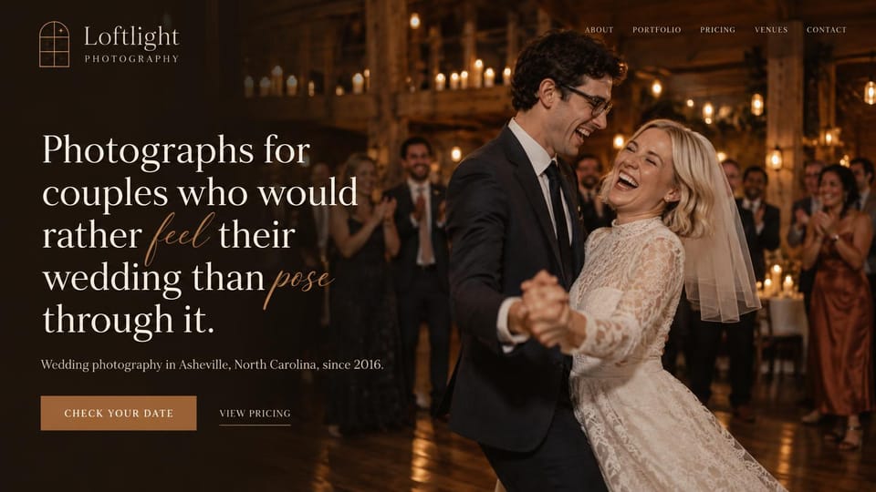 Wedding photographer website design, candid wedding photographer on a barn dance floor: dark warm barn reception with candles and clapping guests, a laughing couple dancing, a large cream serif headline with copper script words and a copper date button