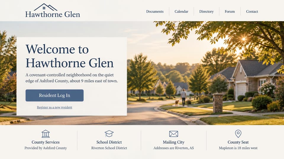 HOA website design, rural neighborhood with a login panel at golden hour: golden-hour photo of a quiet street, a cream panel with a navy serif headline and blue login button, an icon row of county details