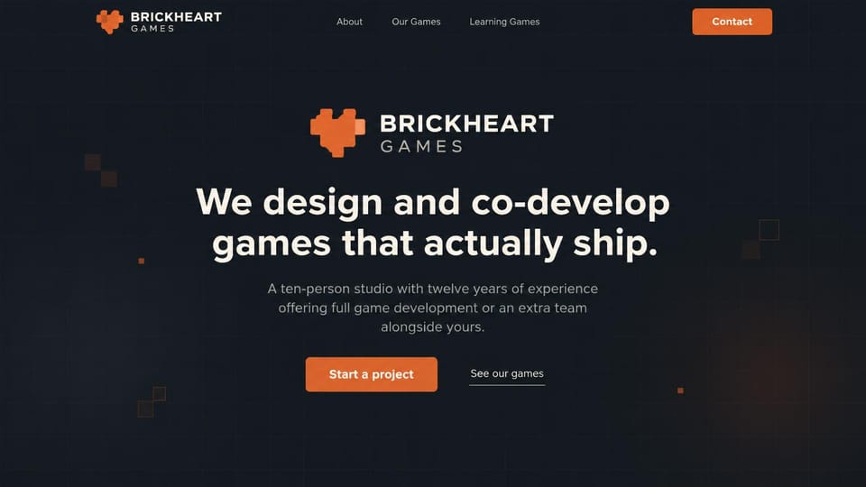Gaming website design, co-development studio, dark and text-first: charcoal page with a faint grid and orange pixel accents, a pixel heart logo, a large white centered headline, an orange project button