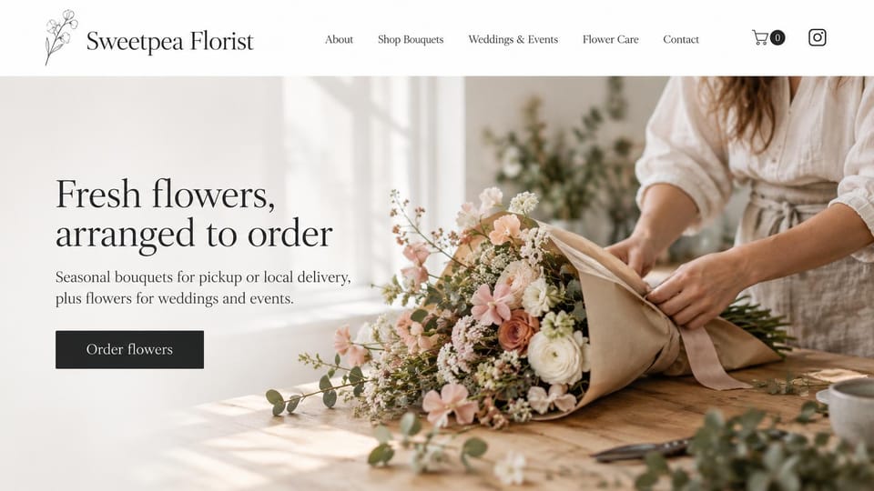 Florist website design, florist wrapping bouquets to order: light page, serif headline, black order button, photo of a florist wrapping a pastel bouquet in kraft paper