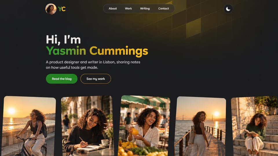 Blog website design, designer and writer with travel photos: dark charcoal, a white and green greeting and a row of sunny photos of a woman traveling and working