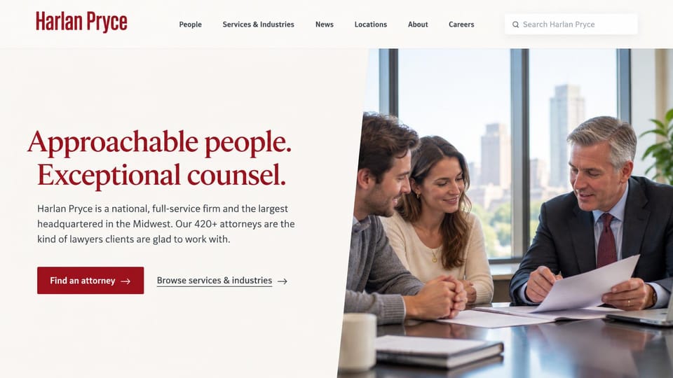 Law firm website design, full-service firm, approachable and bright: off-white and deep red, a split layout with lawyers meeting clients