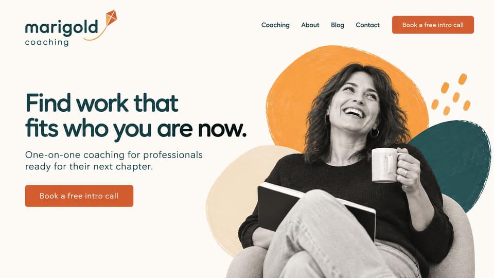 Coaching website design, career coaching with playful shapes: cream page, a green serif headline, an orange button and a black and white portrait on orange shapes