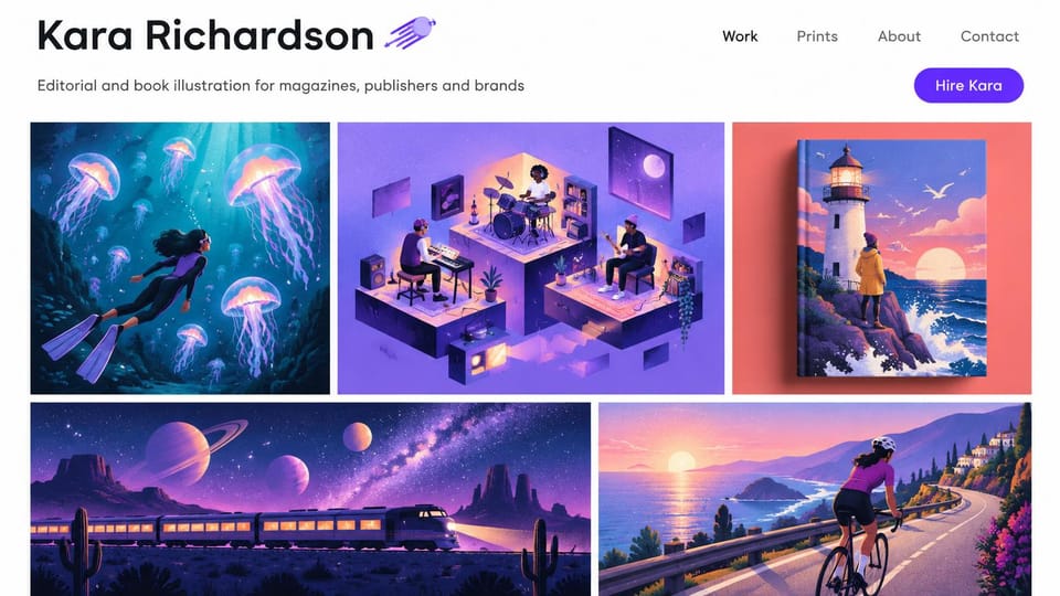 Graphic design portfolio website design, editorial illustrator in violet: white page, black sans name with a violet mark, violet button, a mosaic of purple and pink illustrations: a diver with jellyfish, musicians, a lighthouse