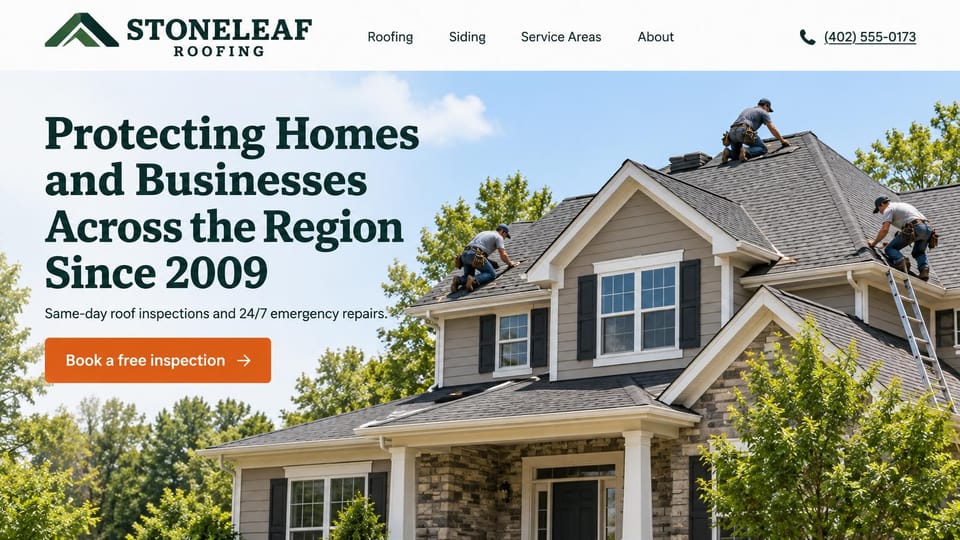Roofing website design, roofing and siding with same-day inspections: white page, a dark green slab serif headline, an orange inspection button, three roofers and a ladder on a large gray house with a stone base