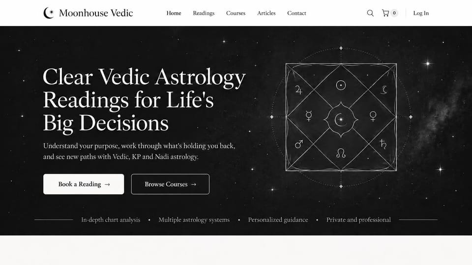 Astrology website design, vedic astrology with courses beside readings: white menu over a black starry hero, a white serif headline, a white button and an outlined courses button beside a square Vedic birth chart in fine line art