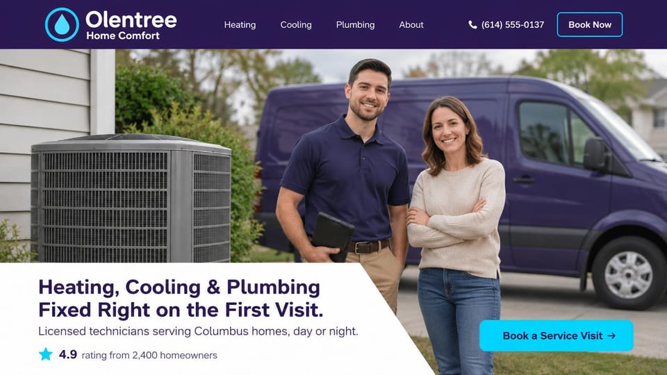 HVAC website design, hVAC and plumbing with the tech by the van: deep purple header, a technician and a smiling homeowner beside a purple van and an outdoor AC unit, a white panel with a purple headline and a cyan button