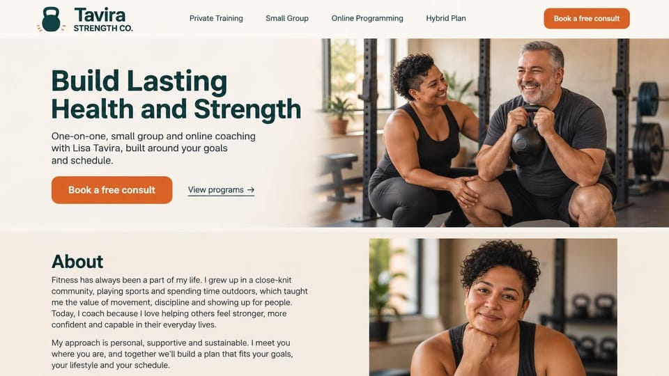 Personal trainer website design, private, small-group and hybrid coaching with a coach intro: cream page, a deep green headline, an orange consult button, a smiling coach crouching beside a gray-haired man holding a kettlebell, an about section with her portrait