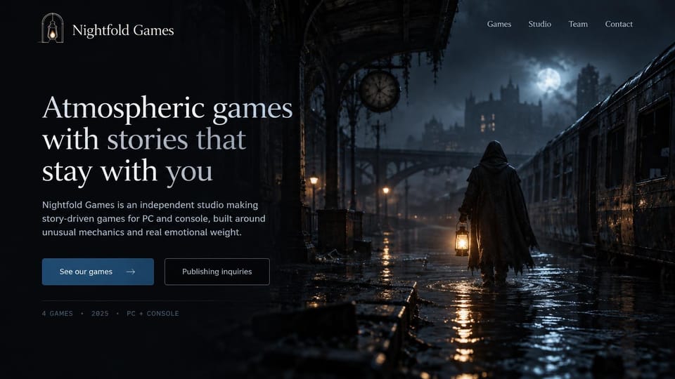Gaming website design, story-driven studio with a rainy night scene: dark blue night scene of a hooded figure with a lantern at a rainy station, white serif headline, blue and outlined buttons