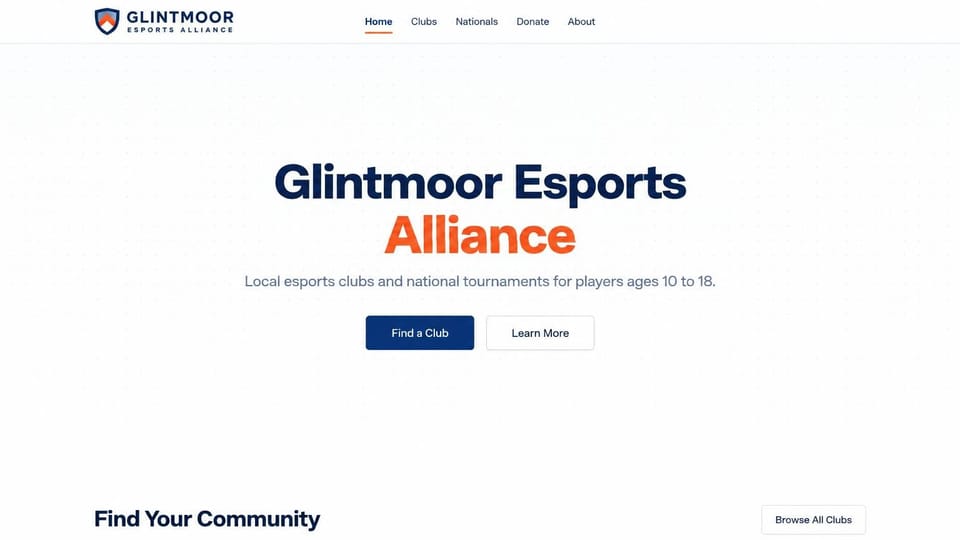 Gaming website design, youth esports league with a club finder: plain white page with a faint dot grid, bold navy and orange headline, gray subtitle, a navy button and an outlined button, a shield logo