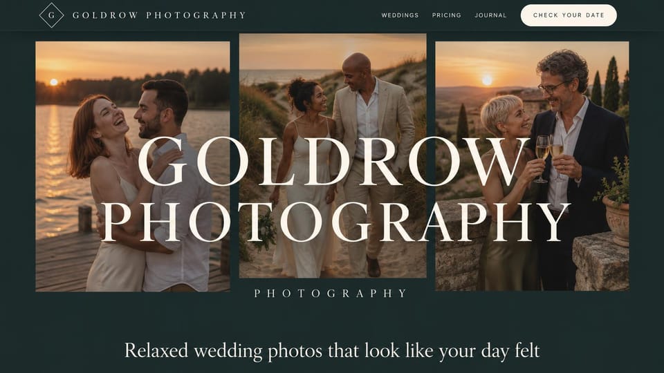 Wedding photographer website design, wedding photographer with giant lettering over three sunset photos: deep green page, a diamond monogram, three golden-hour photos of couples by a lake, on dunes and on a terrace, oversized ivory serif lettering across them and a cream date button