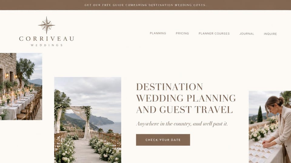 Wedding planner website design, destination planner with a free cost guide: cream page with a compass logo, brown guide bar, scattered photos of a terrace table, a seaside arch and a planner at work