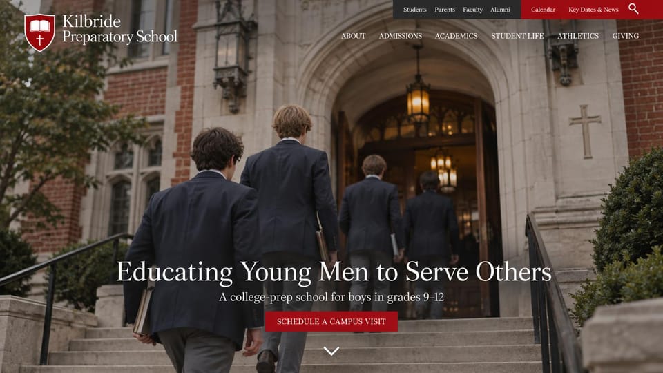 School website design, boys' prep school under a stone arch: boys in blazers climbing stone steps into a Gothic arch, a centered white serif headline, a red visit button