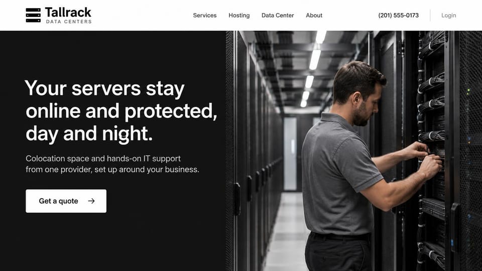 Web hosting website design, colocation with a technician at the racks: black page, white headline, a white quote button, a photo of a technician working at an open rack in a server aisle