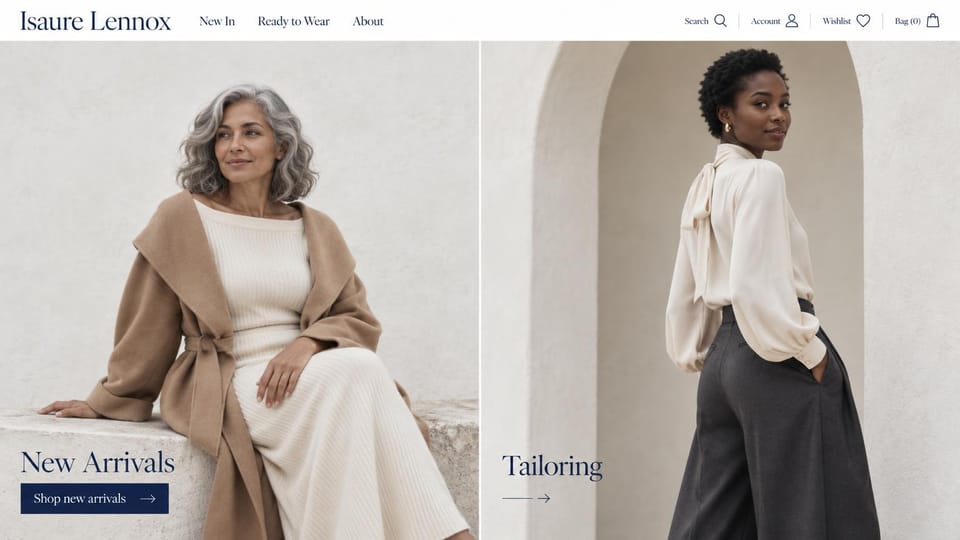 Fashion website design, womenswear in two panels for new arrivals and tailoring: white header with a navy serif logo, a silver-haired woman in a camel wrap coat on stone and a woman in an ivory blouse and charcoal trousers in an arch, navy serif labels on each