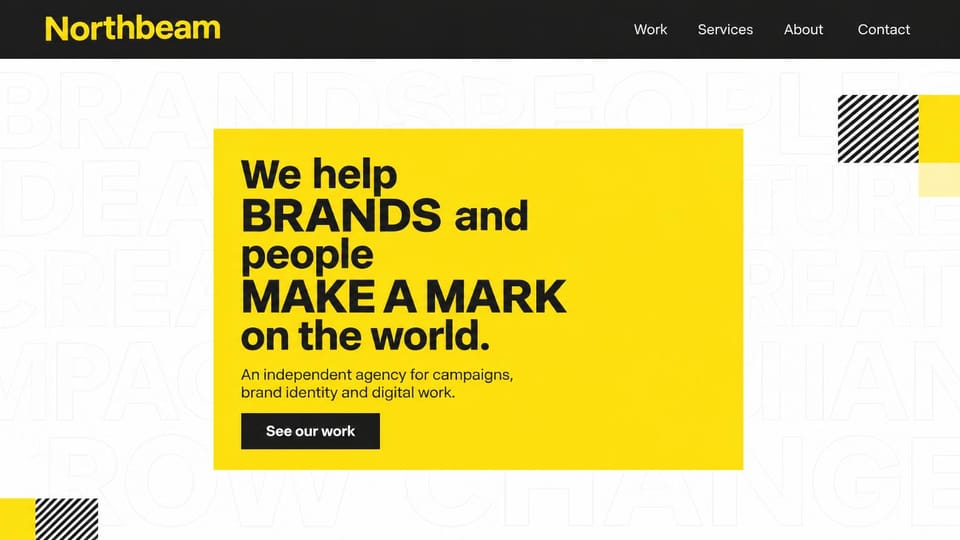 Agency website design, independent agency in a yellow box: white page with faint outlined words, a yellow panel with a black headline and black hatched corners