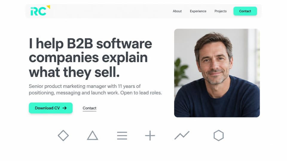 Resume website design, b2B product marketer with a portrait and a symbol row: white page, a large charcoal headline, a mint download CV button, a square portrait of a smiling man in a navy sweater and a row of six gray outline symbols