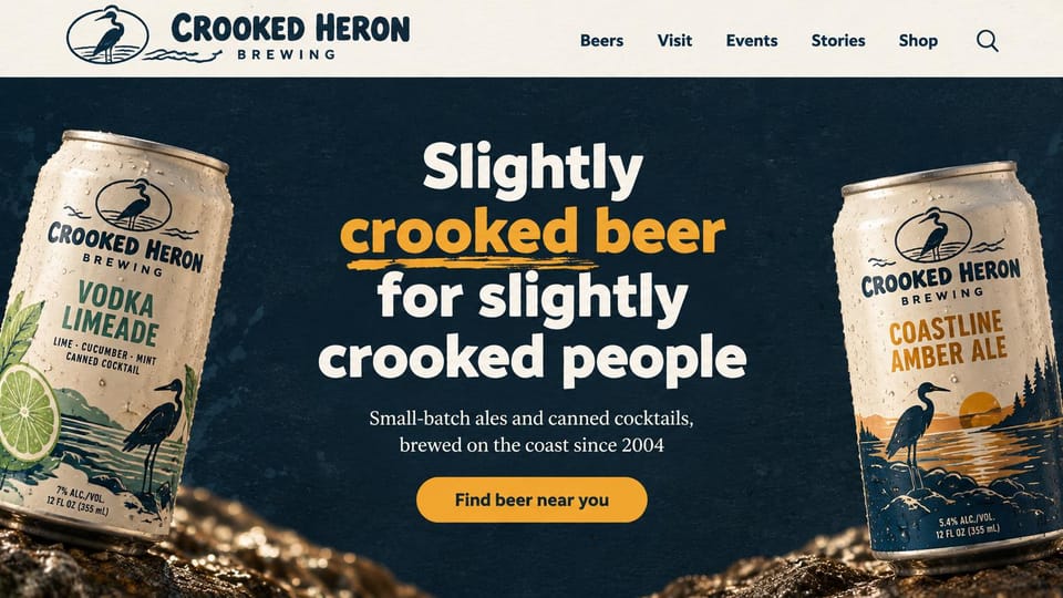 Winery and brewery website design, craft brewery with cans and a playful line: deep navy page, a heron logo, two illustrated beer cans on rocks at either side, a bold white and orange headline and an orange button