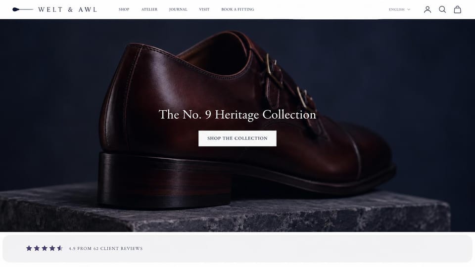 Fashion website design, handmade men's dress shoes with fittings by appointment: white header with a spaced logo, a burgundy leather monk-strap shoe on dark stone against deep navy, a centered white serif headline and a white button, a star rating strip below