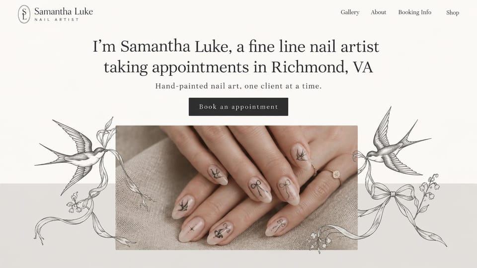 Salon website design, nail artist in her own words: ivory page, a first-person serif headline above a close-up of painted nails between drawn swallows and ribbons