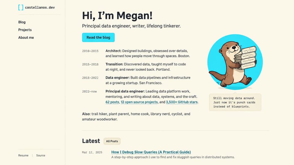 Personal website design, career timeline with a mascot: cream page, a left sidebar, a dated career timeline, a cyan button and a cartoon otter holding papers