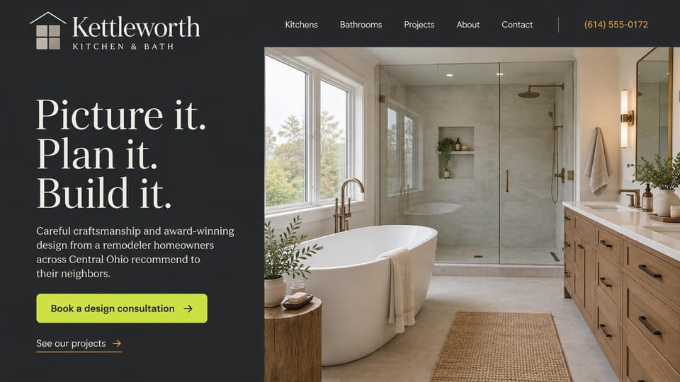 Remodeling website design, kitchen and bath design consultations, dark and bold: charcoal panel with a large white serif headline and a lime button beside a bathroom with a freestanding tub and glass shower