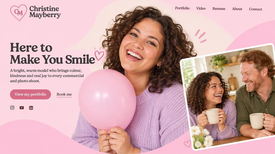 Model portfolio website design, smiling commercial model on bright pink: pink page, a dark serif headline with a heart, a pink portfolio button, a laughing woman with dark curls holding a pink balloon and a framed photo of her laughing with an older man over coffee