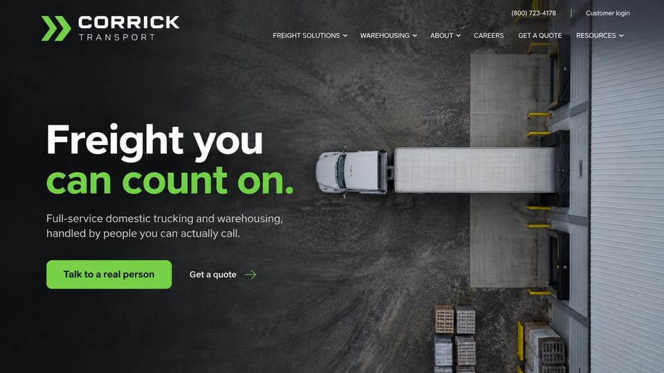 Logistics website design, trucking and warehousing from above: charcoal page, an aerial photo of a semi backed into a warehouse dock, white and green headline, green button