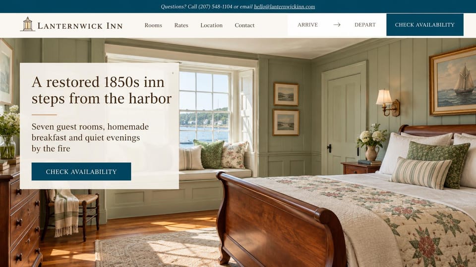 Hotel website design, harbor inn with a cozy room in view: a sage green guest room with a sleigh bed beside a cream text card and a teal availability button