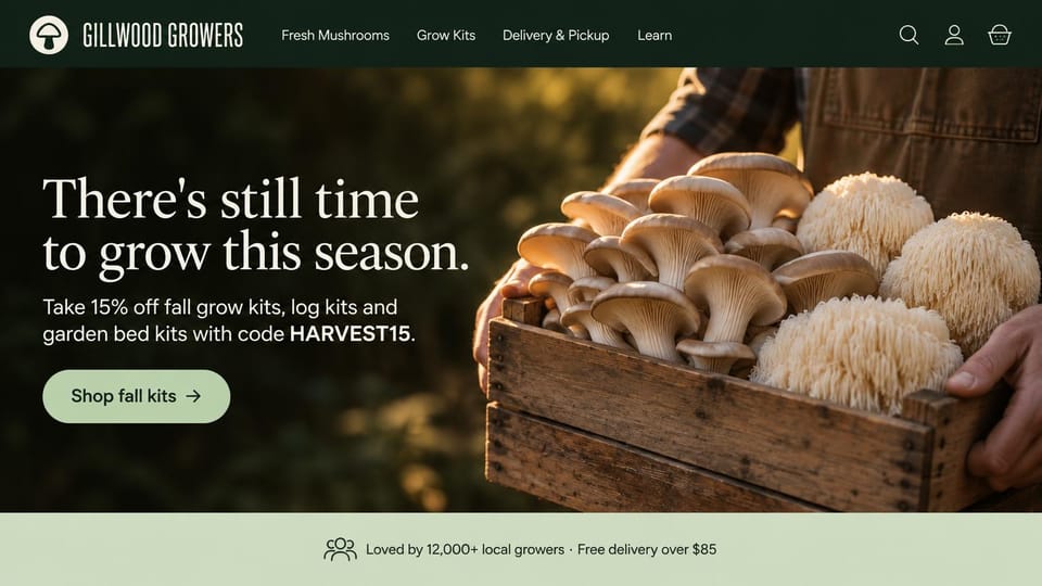 Farm website design, mushroom farm with grow kits: dark green page, hands holding a wooden crate of oyster and lion's mane mushrooms, white sans headline, pale green shop button and strip