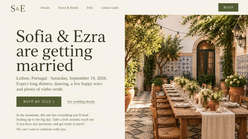 Wedding website design, destination wedding with a long-table photo: ivory page, large charcoal serif headline beside a photo of a long dinner table in a tiled courtyard