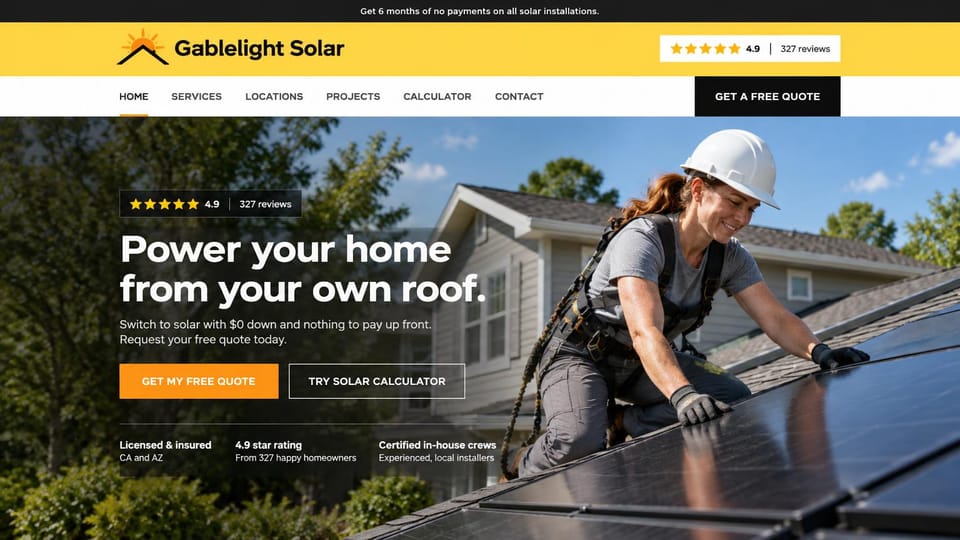 Solar website design, home solar in bold yellow with a calculator button: black offer strip, a yellow header with a rating card, a white menu, a smiling installer in a white hard hat fitting panels on a home's roof, a white headline, an orange quote button and an outlined calculator button