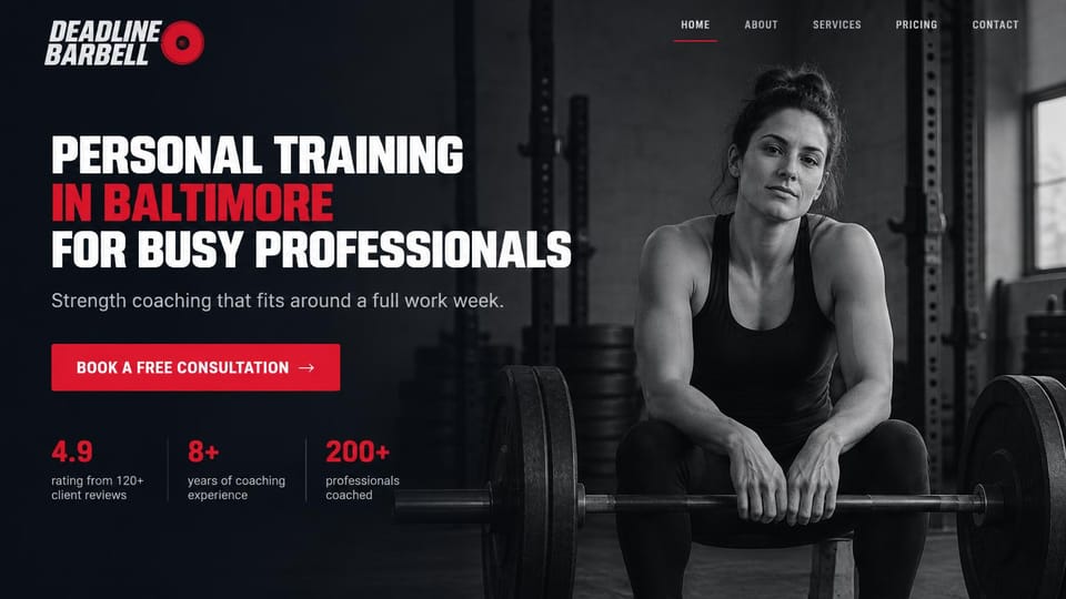 Personal trainer website design, barbell coaching for busy professionals with three stats: dark page, a bold white and red headline, a red consultation button, three red stats, a black and white photo of a woman seated behind a loaded barbell